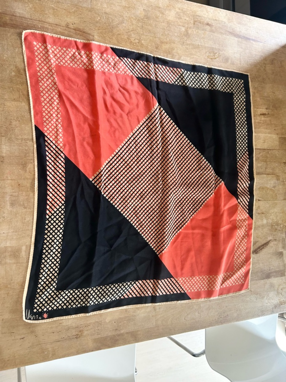 Vintage Unna Black and Orange Patterned Silk Blend Scarf *flawed* - Picture 2 of 8